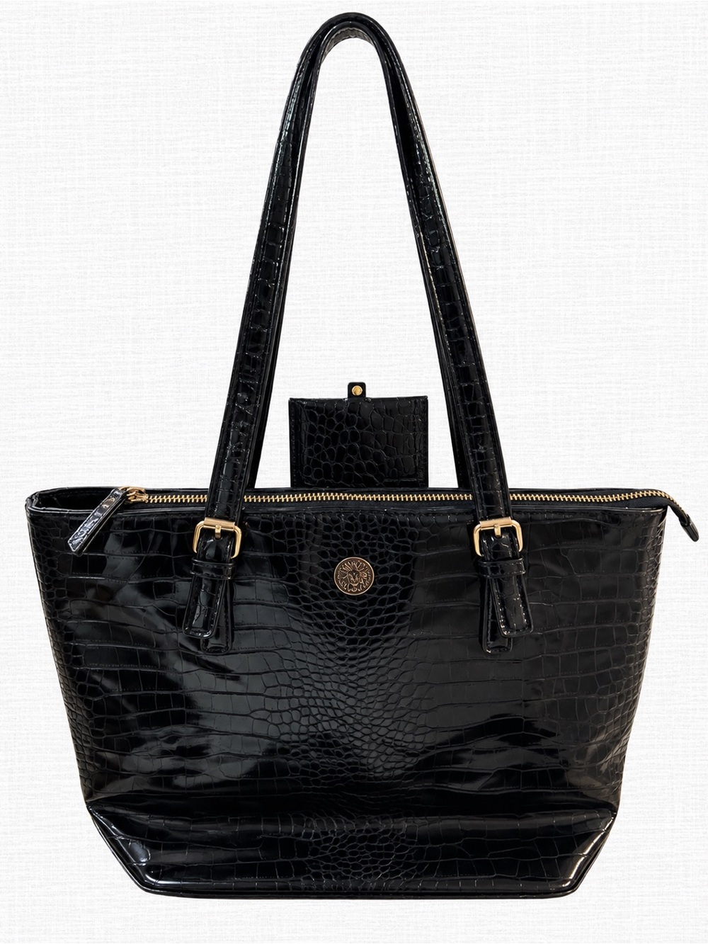 Anne Klein Black Croc Embossed Patent Tote Bag Gold Hardware